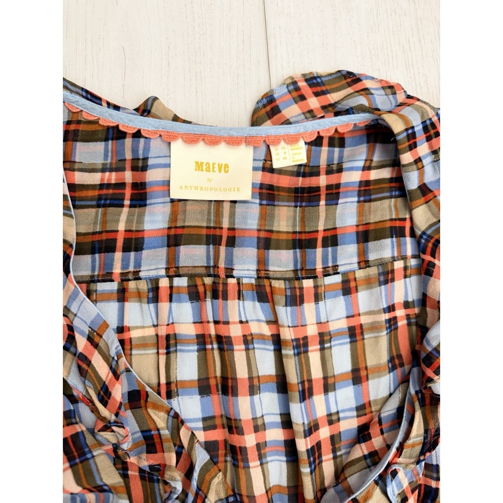 Maeve Anthropologie Laila Plaid Ruffle Sheer Top Sz 8 - Picture 3 of 7